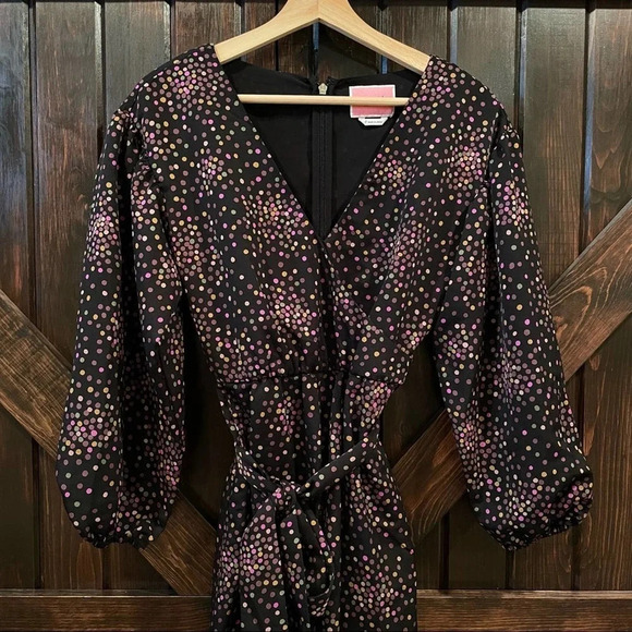 Kate Spade Disco Dots Jumpsuit Size 0 Long Sleeve Polka Black Wrap Front 6465 - Picture 3 of 10